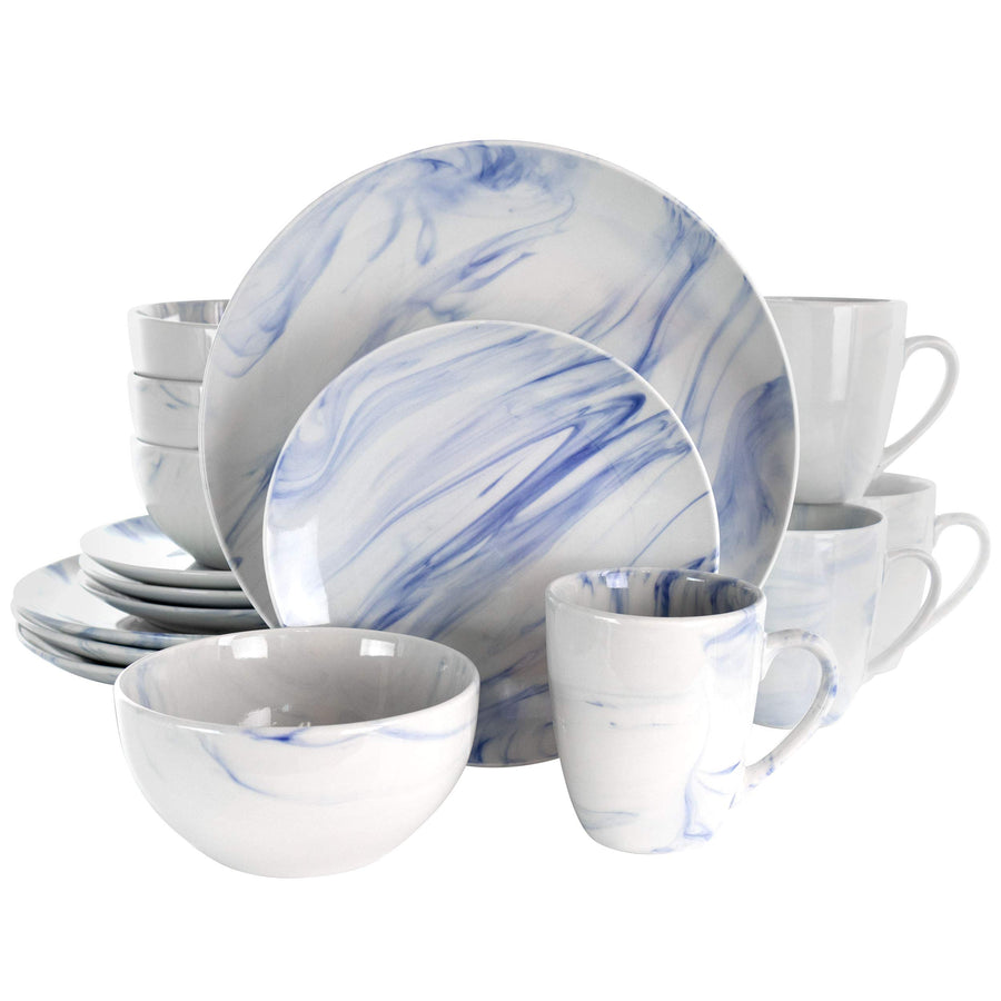 Marble Stoneware Dinnerware Set for 4, 16 Piece with Mugs, Glossy Blue and White, Elama Fine Marble