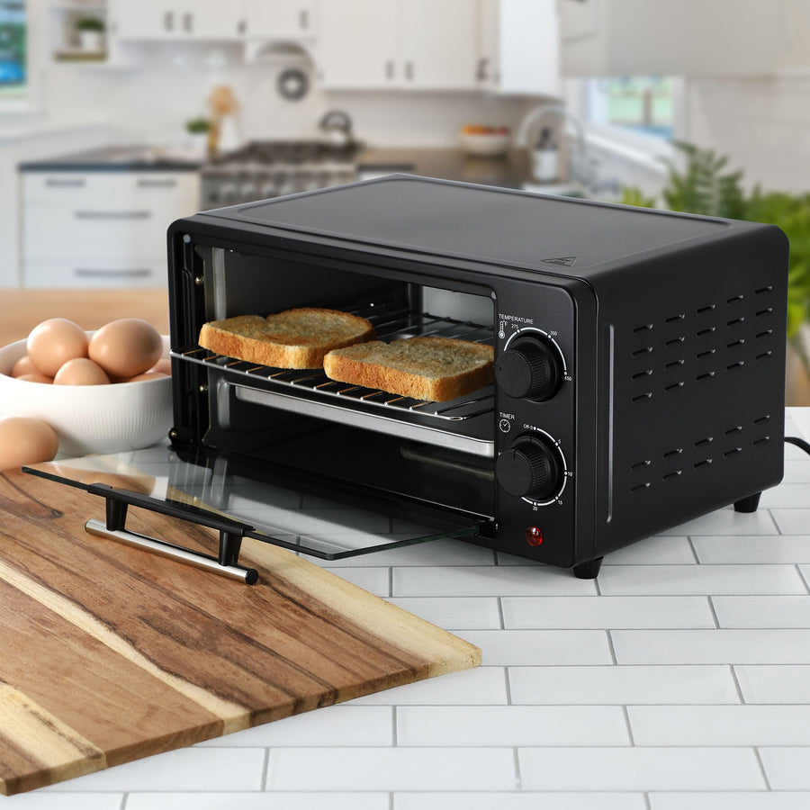 2-Slice Toaster Oven, 9.5 Qt, 800W with Bake, Broil, Toast and 30-Minute Timer, Matte Black, by MegaChef