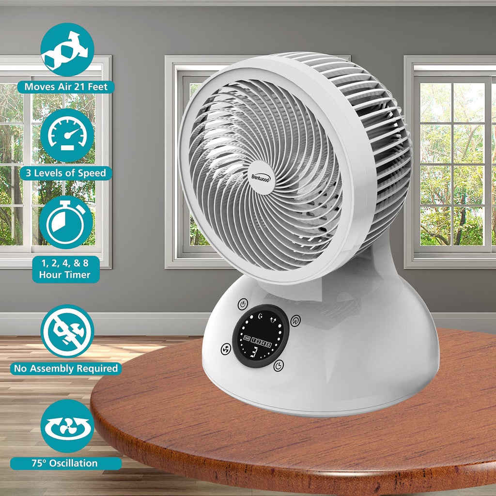 Brentwood 6" 3-Speed Oscillating Desktop Fan – White with Remote, Timer & Auto Shut-Off