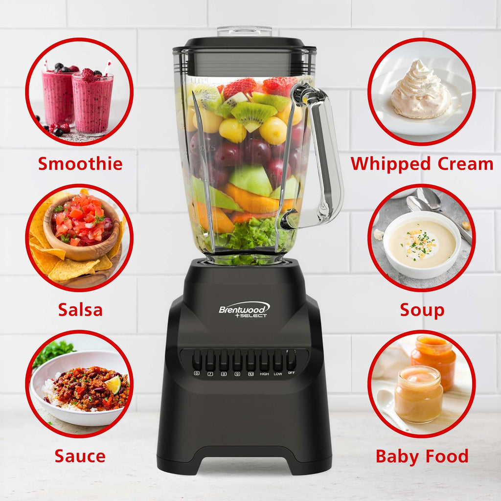 Brentwood Select JBS-500BK 500W 10-Speed Countertop Blender with 42oz Glass Jar, Black - Pulse Button, Dishwasher-Safe Parts