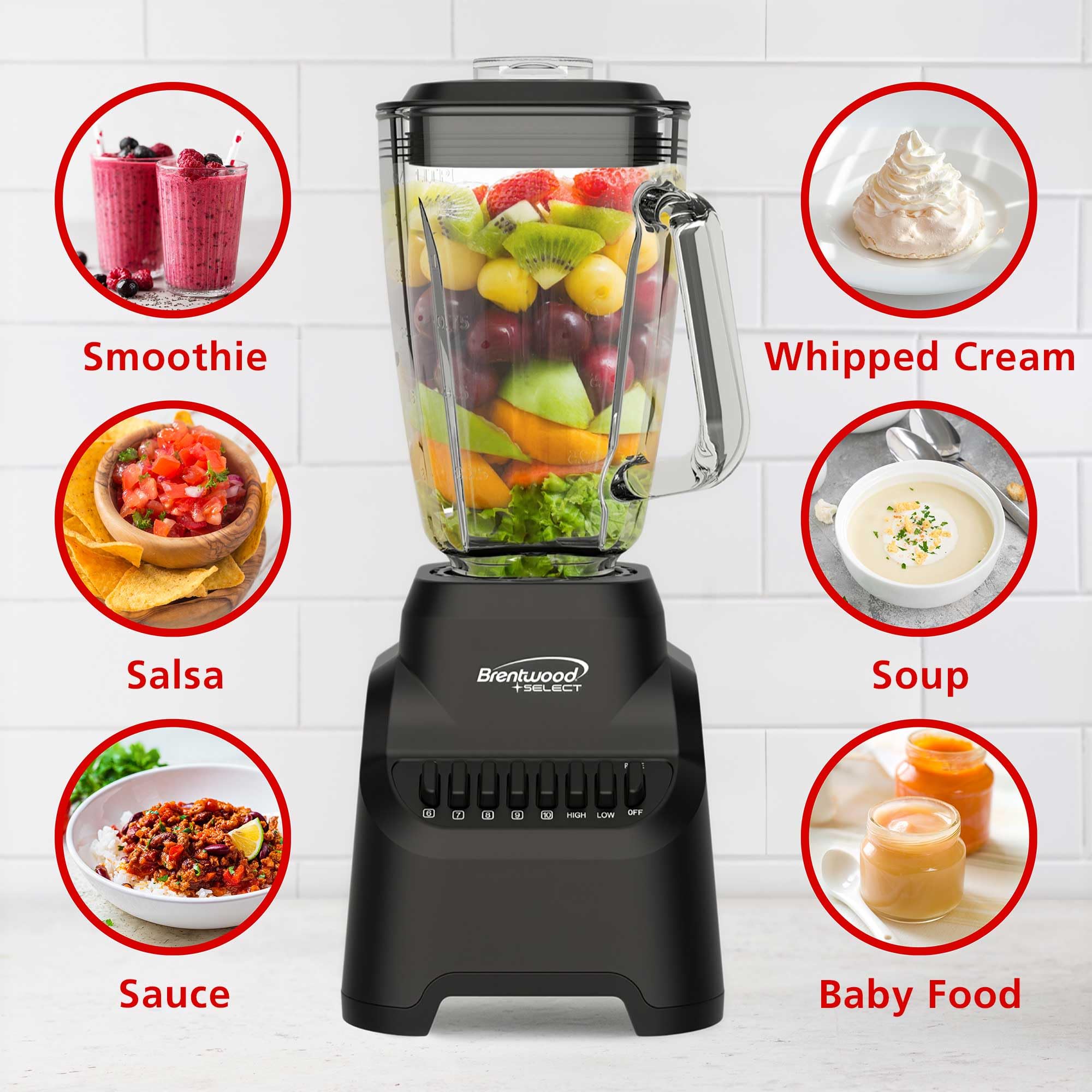 Brentwood Select JBS-500BK 500W 10-Speed Countertop Blender with 42oz Glass Jar, Black - Pulse Button, Dishwasher-Safe Parts
