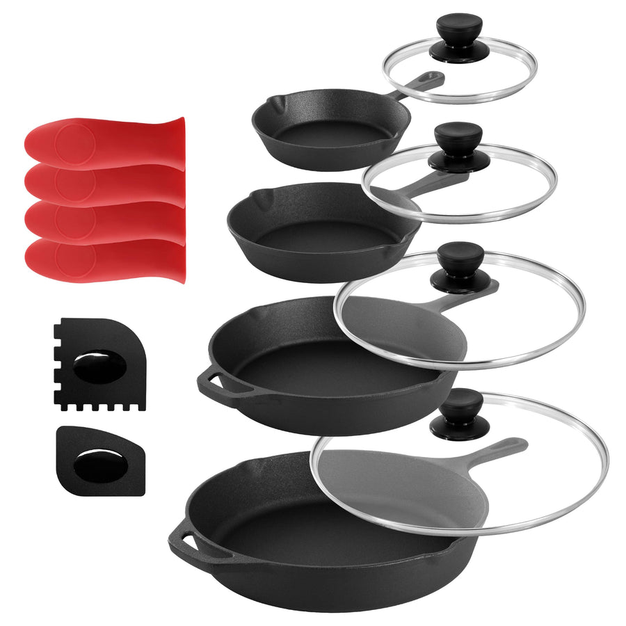 MegaChef 13 Piece Pre-Seasoned Cast Iron Skillet Set with Tempered Glass Lids and Silicone Handle Holders