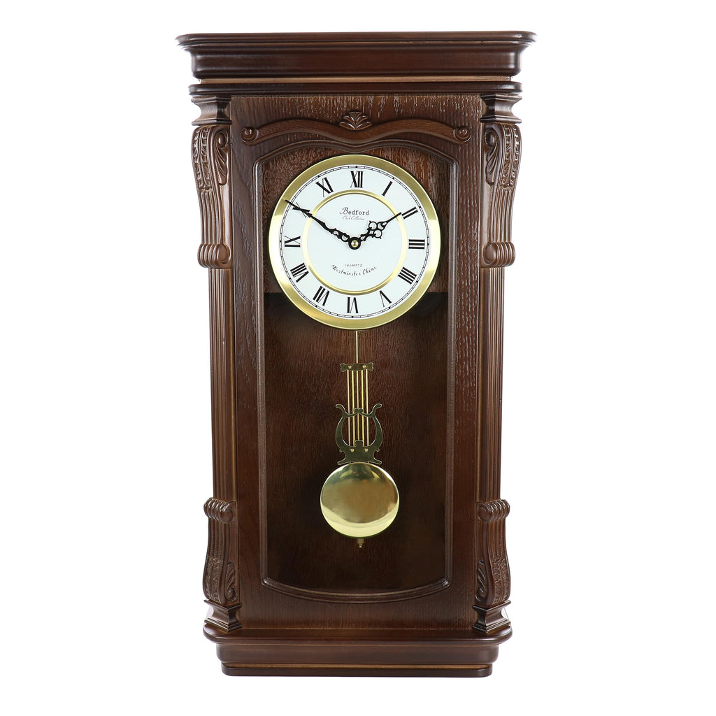 Bedford Clock Collection Chestnut Chiming Pendulum Wall Clock – Quartz Westminster Chimes, Golden Accents with Swinging Pendulum & Metal Dial