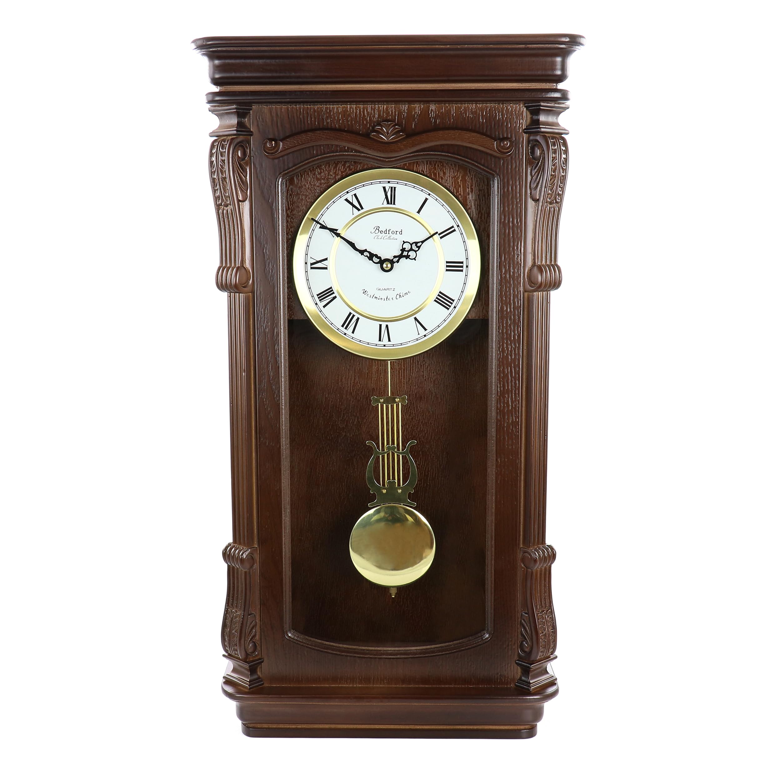 Bedford Clock Collection Chestnut Chiming Pendulum Wall Clock – Quartz Westminster Chimes, Golden Accents with Swinging Pendulum & Metal Dial
