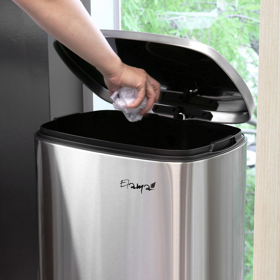 Stainless Steel Step Trash Can, 13 Gallon (50 L) Rectangular with Slow-Close Lid, Matte Silver, by Elama