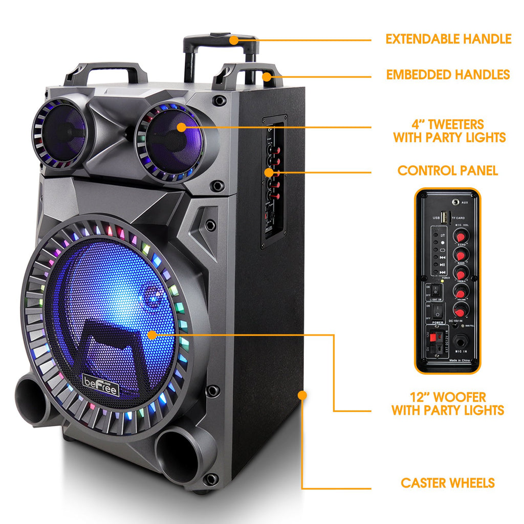 beFree Sound 12" Rechargeable Bluetooth Party Speaker with LED Lights, FM Radio, USB/TF, Wireless Mic
