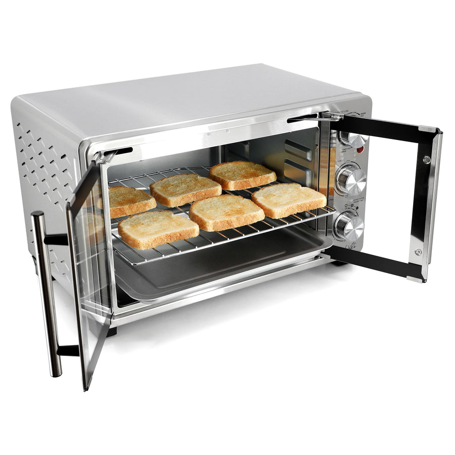 MegaChef 26.4 Quart French Door Stainless Steel Toaster Oven with Bake, Broil & Toast, Temperature & Timer Control