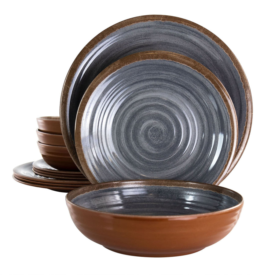 Elama 12-Piece Lightweight Melamine Dinnerware Set, Charcoal & Brown