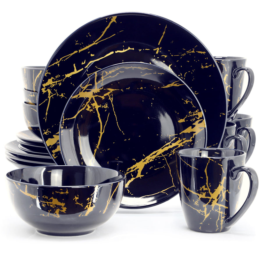 Elama Fine Marble 16-Piece Glossy Porcelain Dinnerware Set with Mugs, Service for 4, Dark Blue with Gold Veining