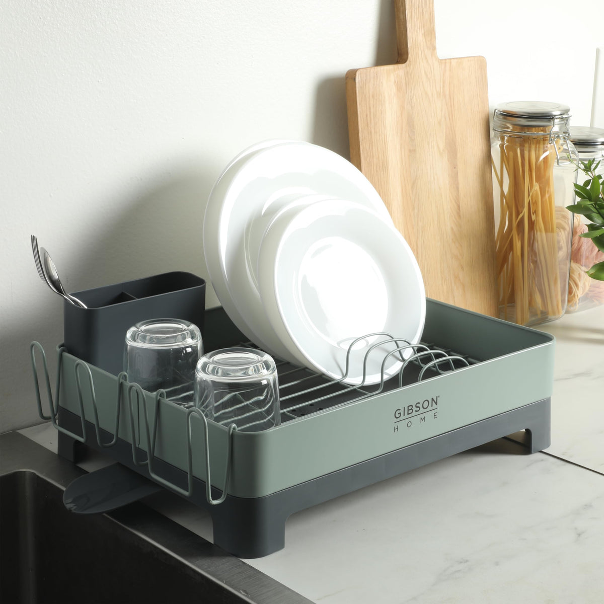 Gibson Home Nestcraft Rust-Resistant Stainless Steel Dish Rack with Swivel Drain Spout & Utensil Holder - Green