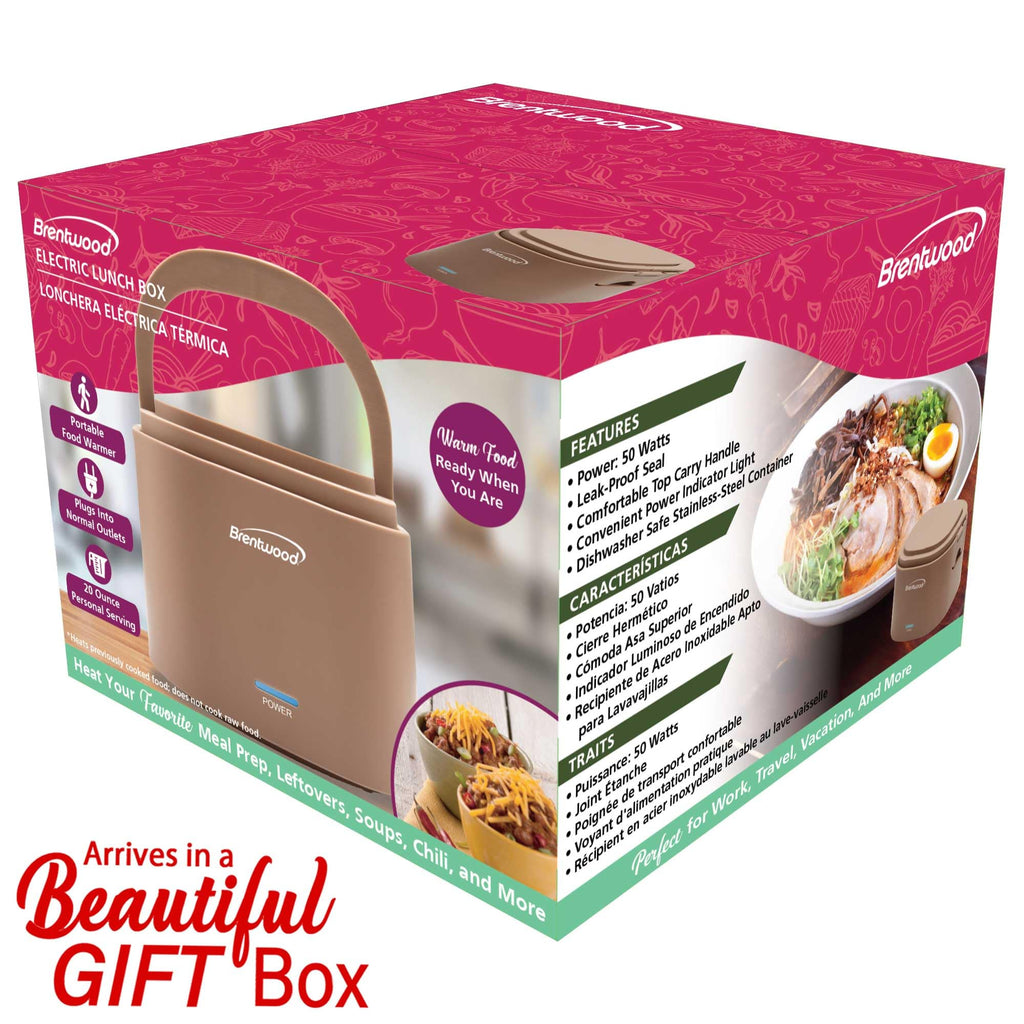 Brentwood ELB-600PK 0.6L Portable Leakproof Electric Lunch Box - Pink, 50W Food Warmer with Stainless Steel Container