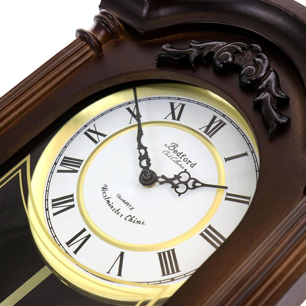 Bedford Clock Collection Noah 22" Chestnut Wood Chiming Pendulum Wall Clock – Quartz Westminster Chimes with Roman Numeral Dial & Swinging Pendulum