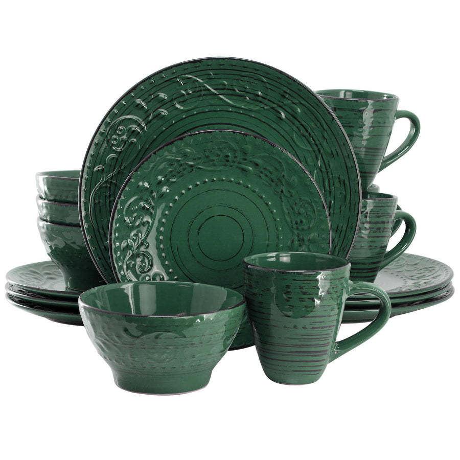 Elama Malibu Sea Glass 16-Piece Stoneware Dinnerware Set, Reactive Glaze Dark Green - Service for 4