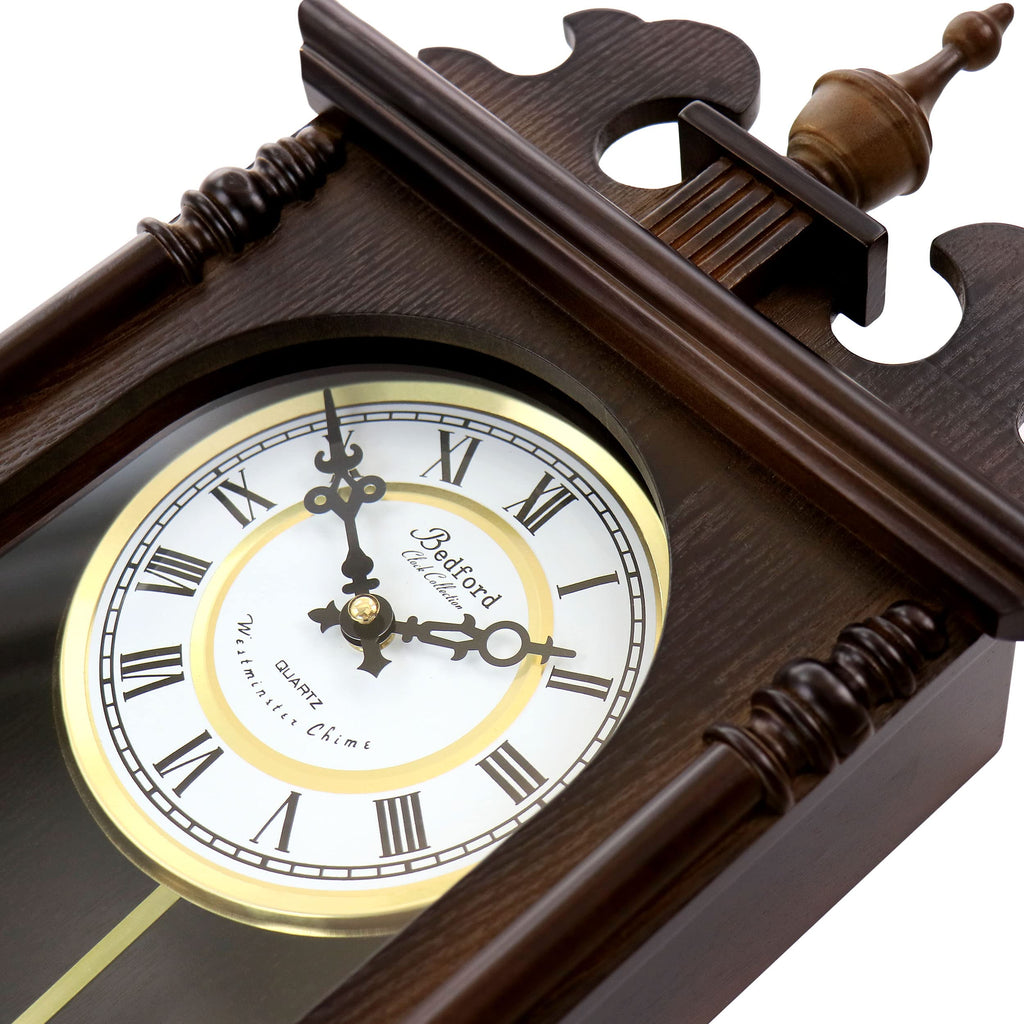 Bedford Clock Collection Leo 21" Chestnut Wood Chiming Pendulum Wall Clock – Quartz Westminster Chimes with Swinging Pendulum & Roman Numeral Dial