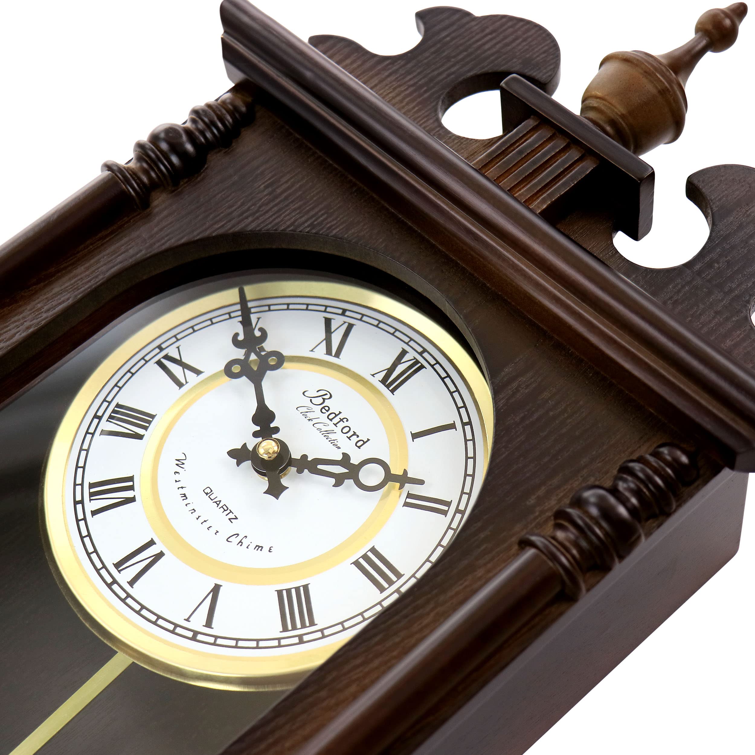 Bedford Clock Collection Leo 21" Chestnut Wood Chiming Pendulum Wall Clock – Quartz Westminster Chimes with Swinging Pendulum & Roman Numeral Dial