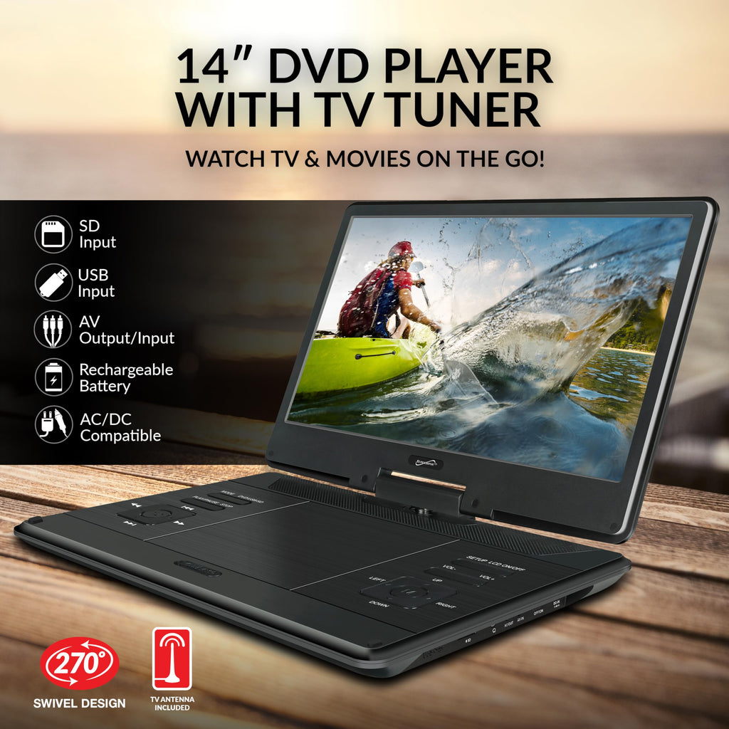 SuperSonic SC-2514 14 in Portable Swivel DVD Player with Built-In TV Tuner, USB, SD and Car Charger - Black