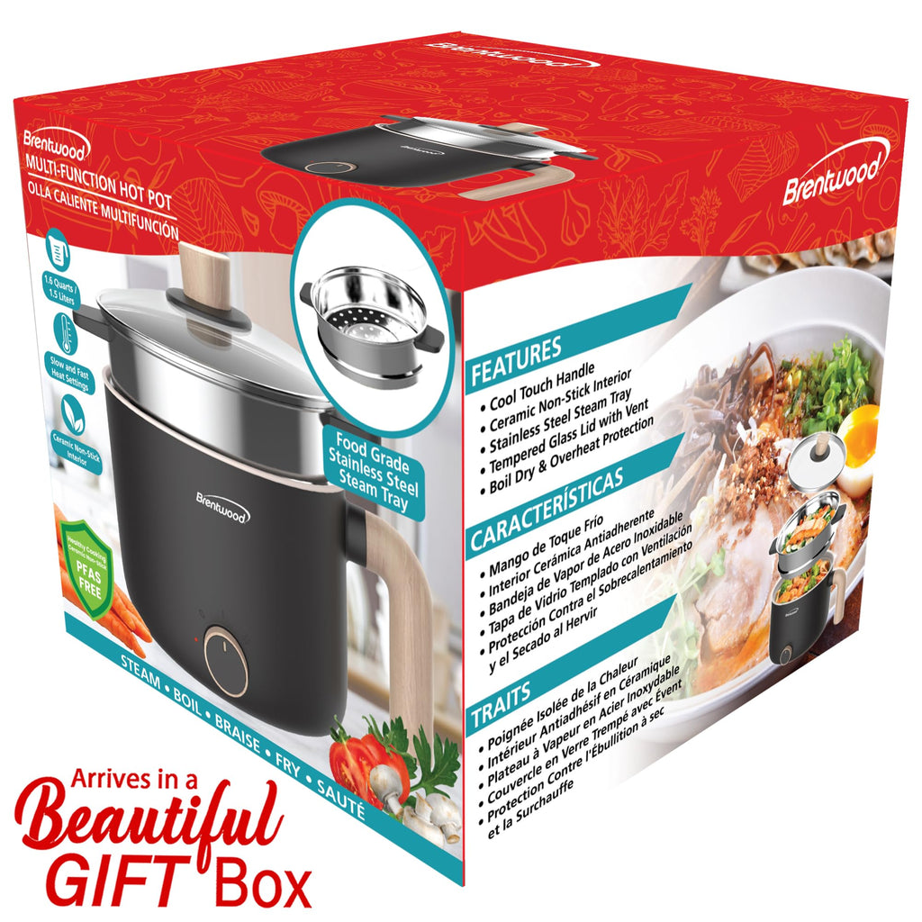 Brentwood HPS-3172BK 1.5 L Multi-Function Electric Hot Pot Cooker with Steamer, Black
