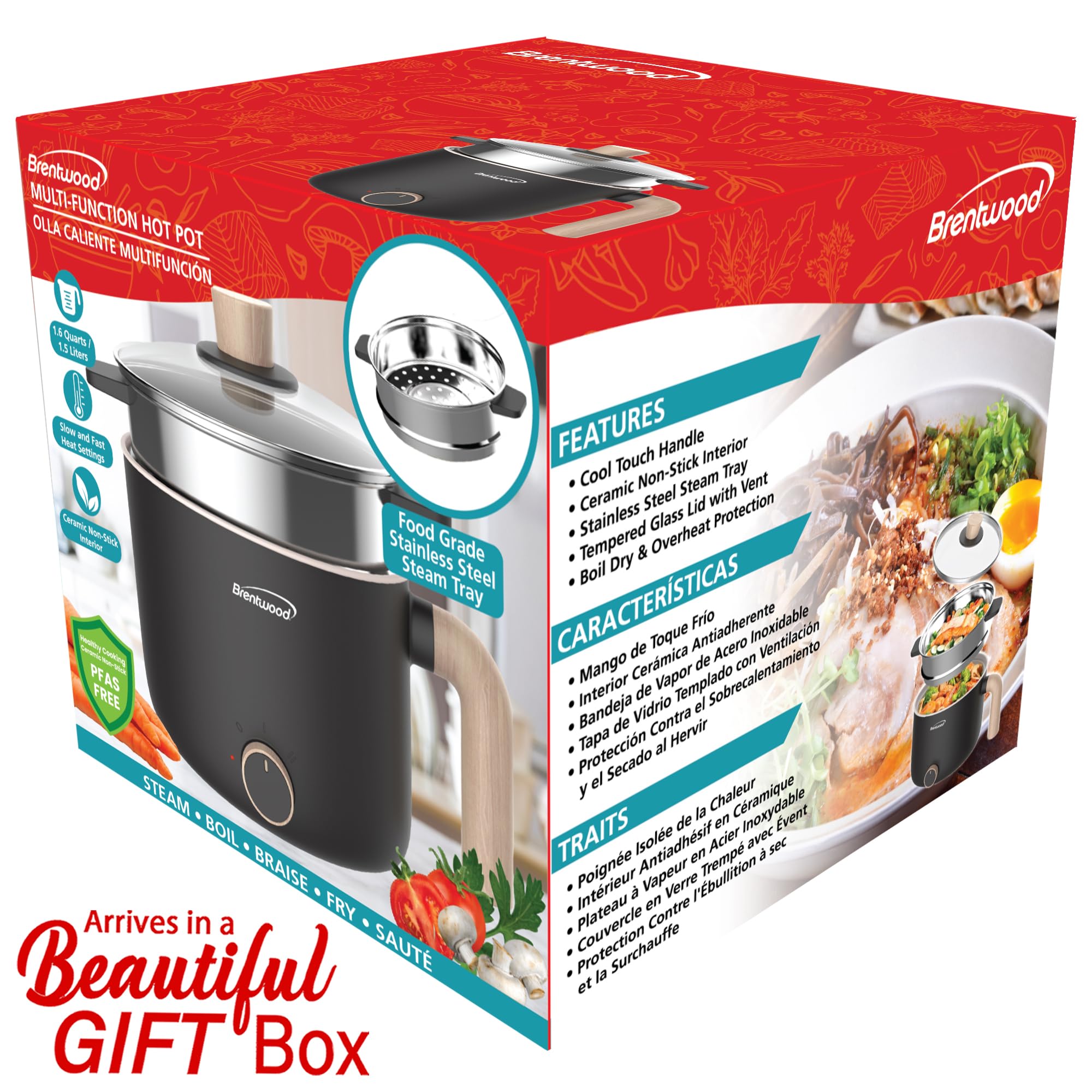 Brentwood HPS-3172BK 1.5 L Multi-Function Electric Hot Pot Cooker with Steamer, Black