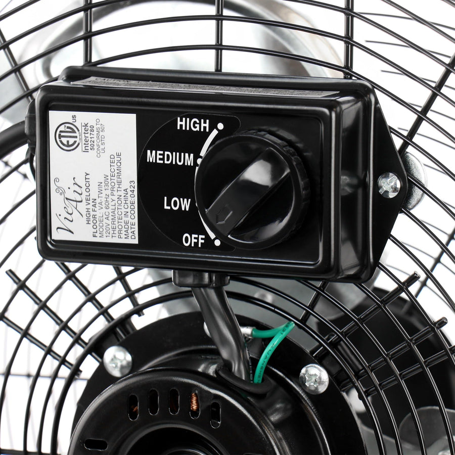 Vie Air 20 Inch Twin Pack Industrial High-Velocity Tilting Metal Floor Fans, 3-Speed, Black (2 Fans)