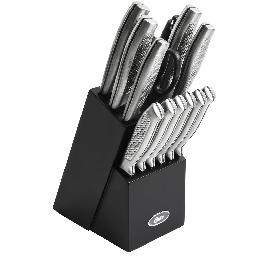 Oster Edgefield 14-Piece Stainless Steel Cutlery Set with Black Block – Chef, Santoku, Steak Knives & Shears