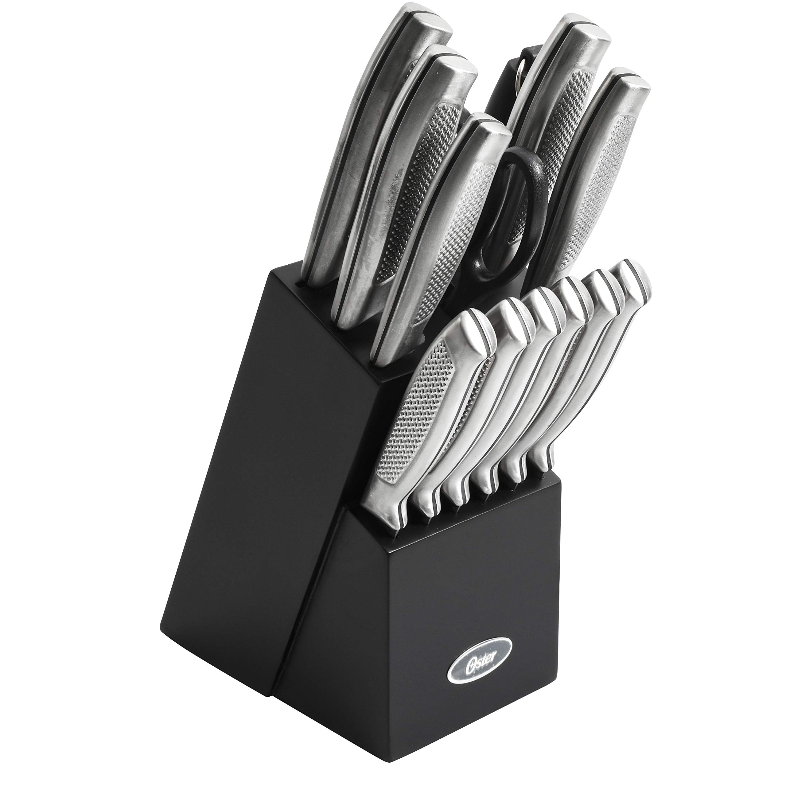 Oster Edgefield 14-Piece Stainless Steel Cutlery Set with Black Block – Chef, Santoku, Steak Knives & Shears