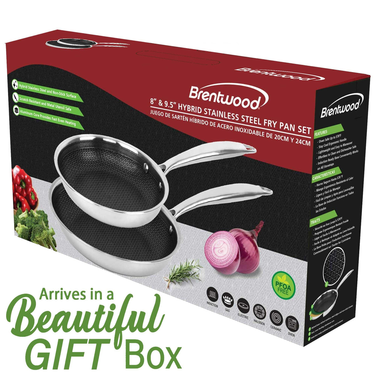 Brentwood B-FH2024 8 Inch and 9.5 Inch Hybrid Non-Stick Stainless Steel Frying Pan Set
