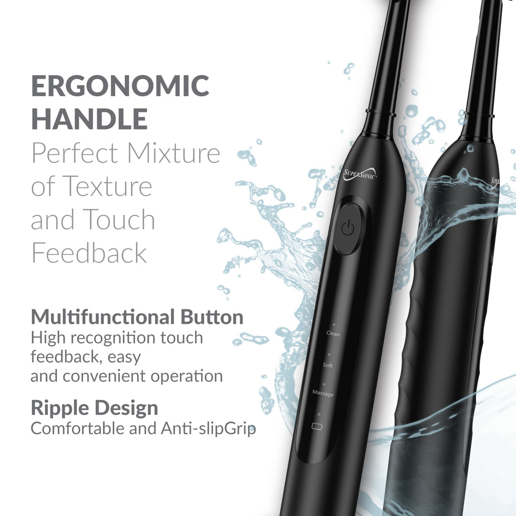 SuperSonic Sonic Zoom+ Wireless Rechargeable Toothbrush – Black with 6 Brush Heads & Travel Case