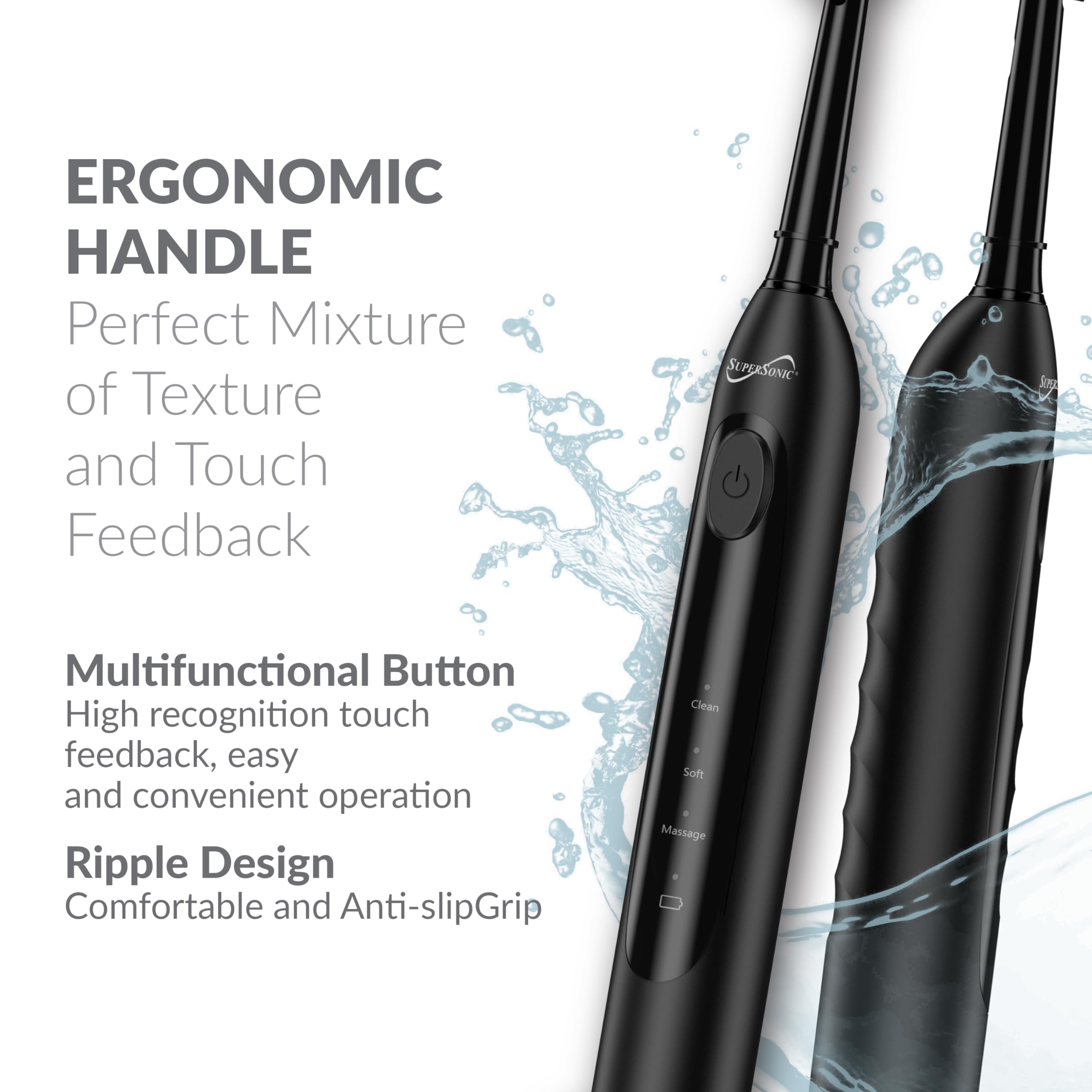 SuperSonic Sonic Zoom+ Wireless Rechargeable Toothbrush – Black with 6 Brush Heads & Travel Case