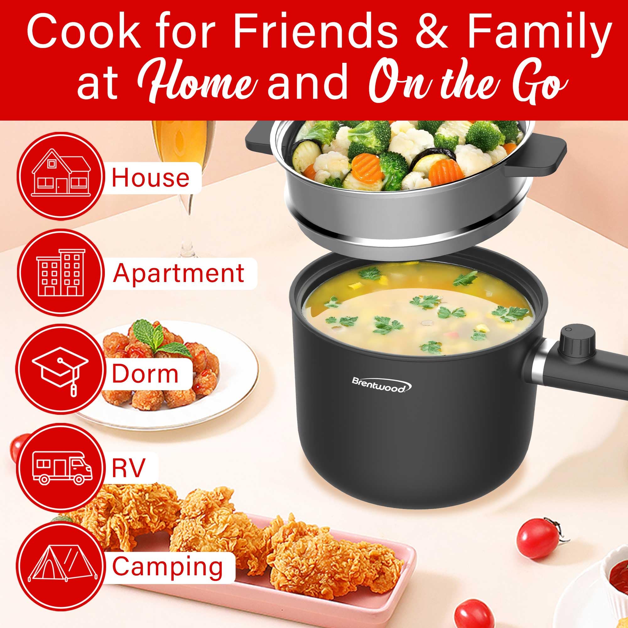 Brentwood HPS-3150BK 1.5L Multi-Function Electric Hot Pot Cooker with Steamer - Black