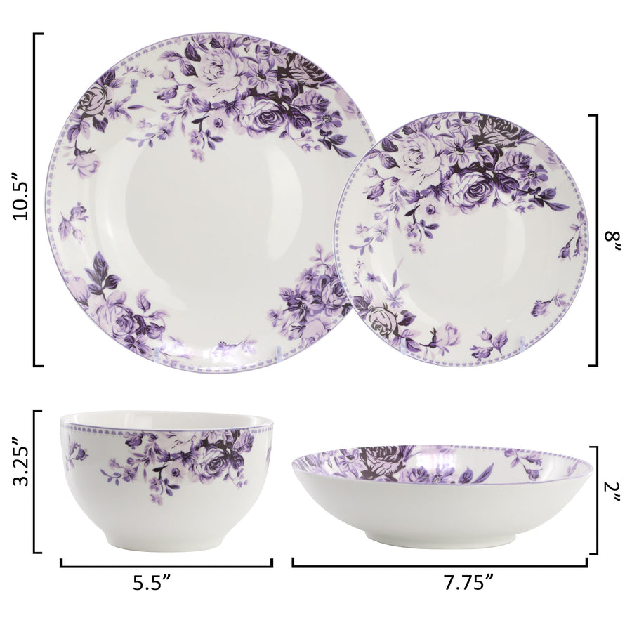 Elama Traditional Rose 24-Piece Stoneware Double Bowl Dinnerware Set, Service for 6, Purple