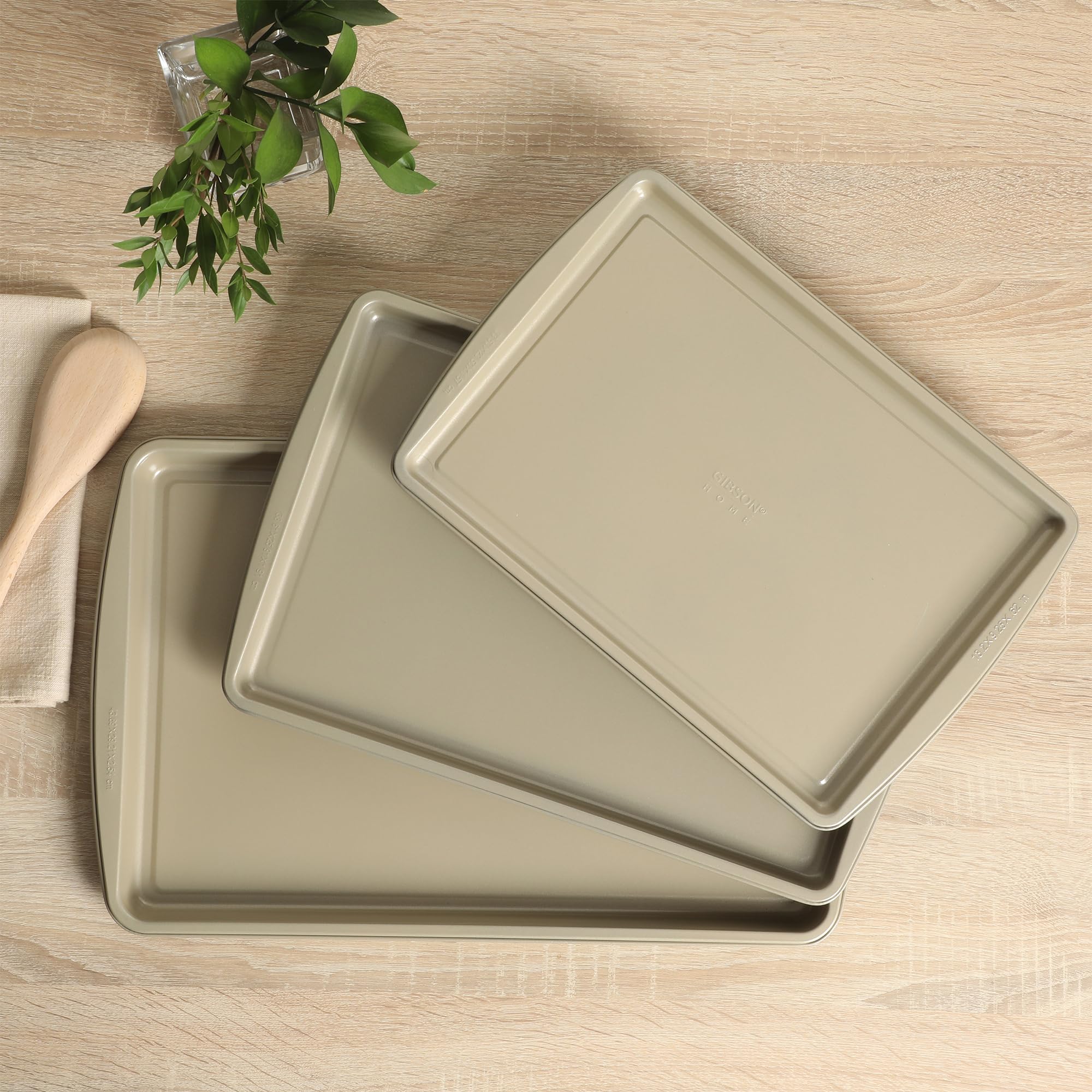 Gibson Home Lyneham 3-Piece Carbon Steel Nonstick Cookie Sheet Set – Champagne Gold, Warp-Resistant, Oven Safe to 410 Degrees
