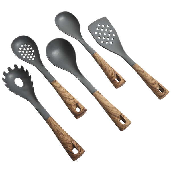 Oster Everwood 5-Piece Nylon Kitchen Tools Set, Grey & Wood