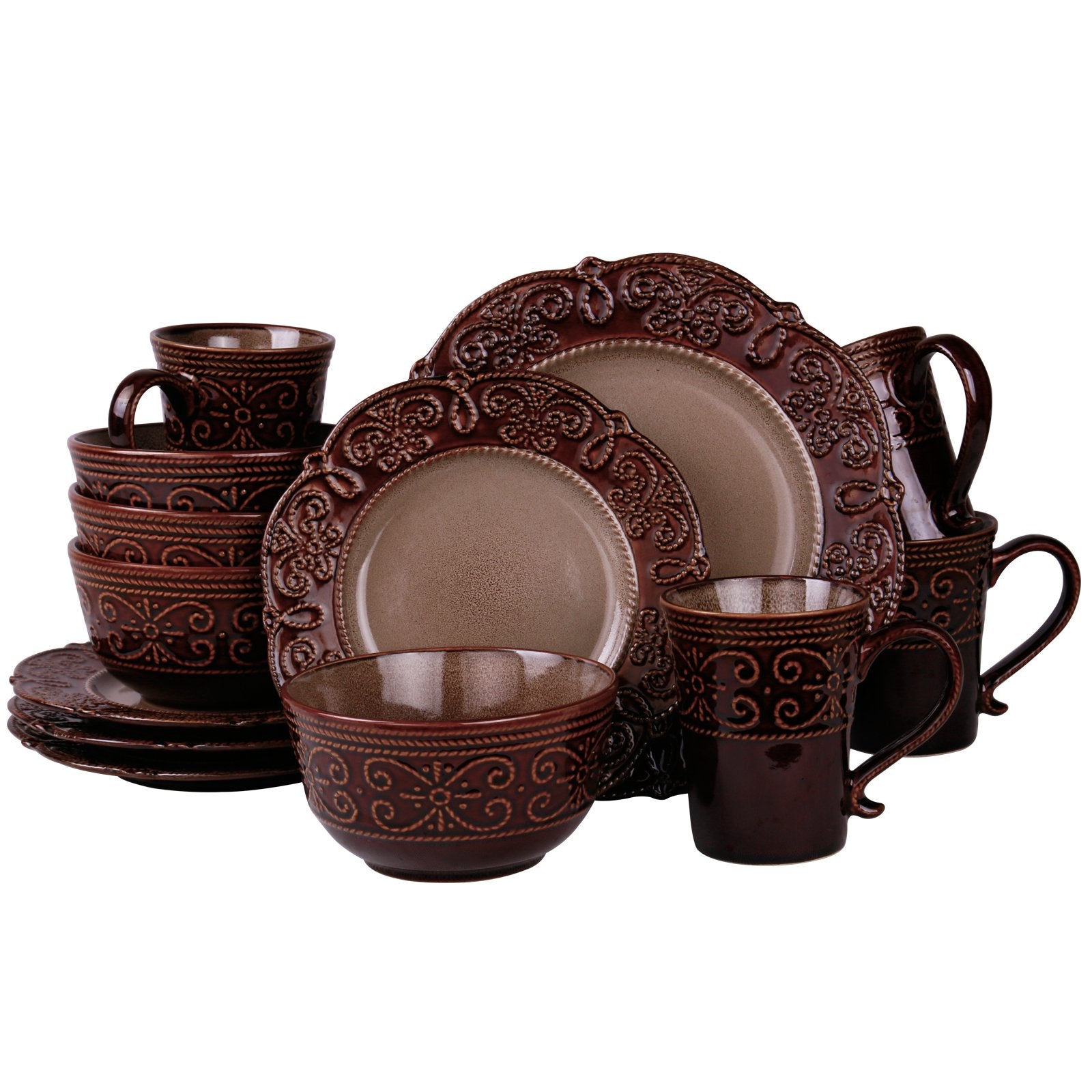Elama Salia 16-Piece Stoneware Dinnerware Set – Service for 4 | Brown Textured Rim