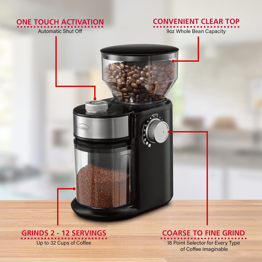 Brentwood CG-2021BK Automatic Burr Coffee Grinder - 8 oz Hopper, 18 Grind Settings, Black