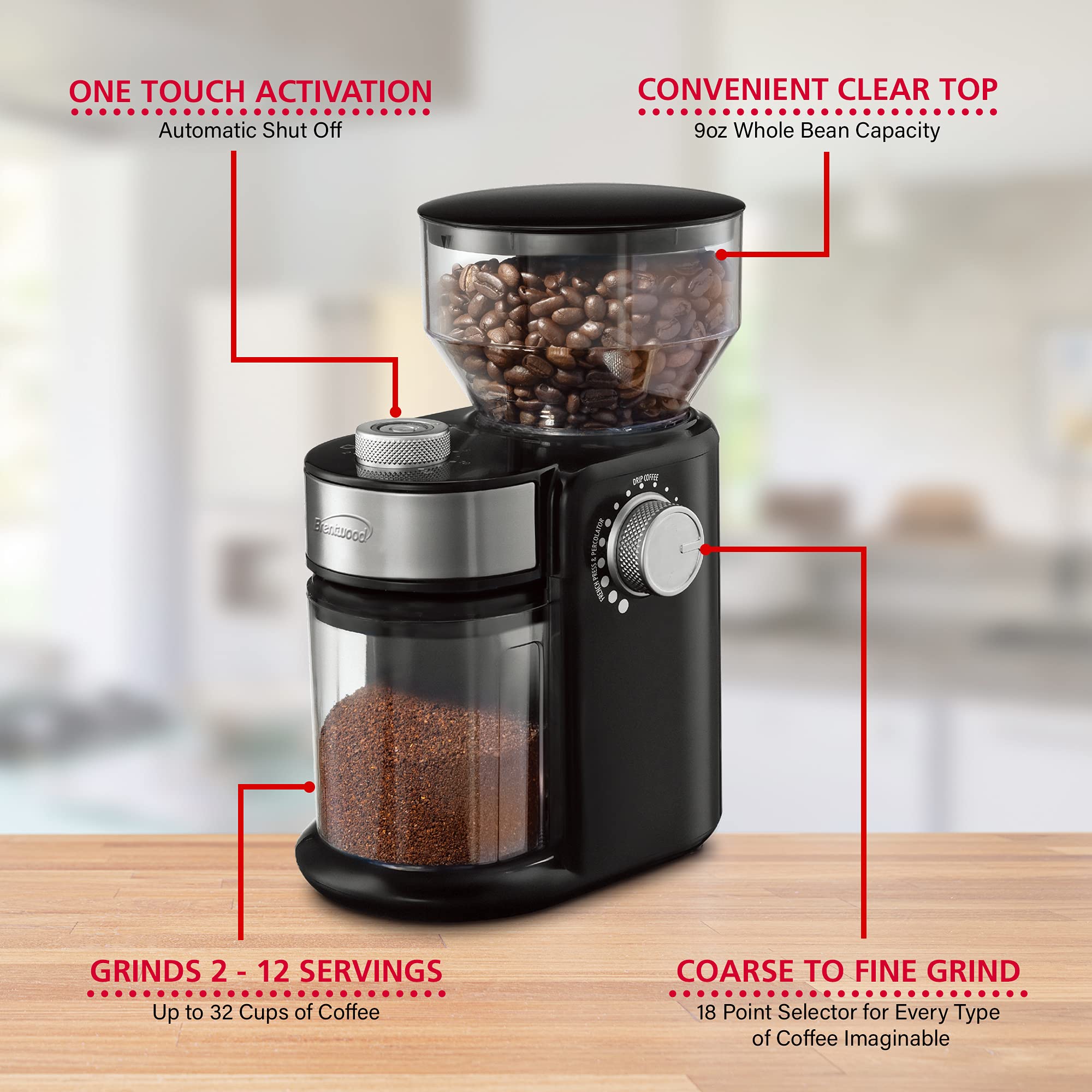 Brentwood CG-2021BK Automatic Burr Coffee Grinder - 8 oz Hopper, 18 Grind Settings, Black