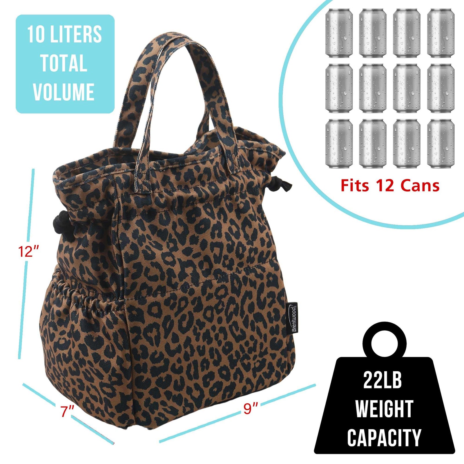 Brentwood 10L Insulated Canvas Lunch Tote Cooler Bag, Leopard Brown