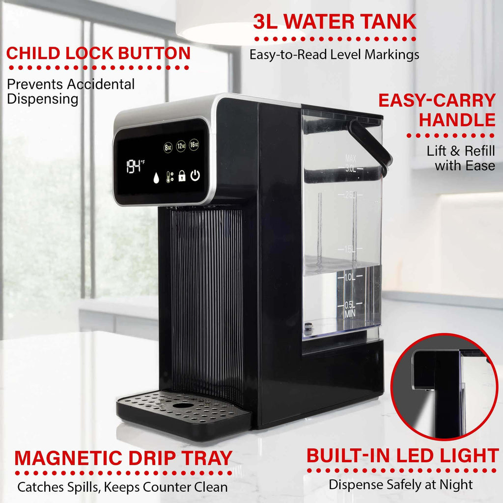 Brentwood KT-2300DBK 3 Liter 1800W Digital Instant Hot Water Dispenser - Black, 7 Temperature Presets with Child Safety Lock