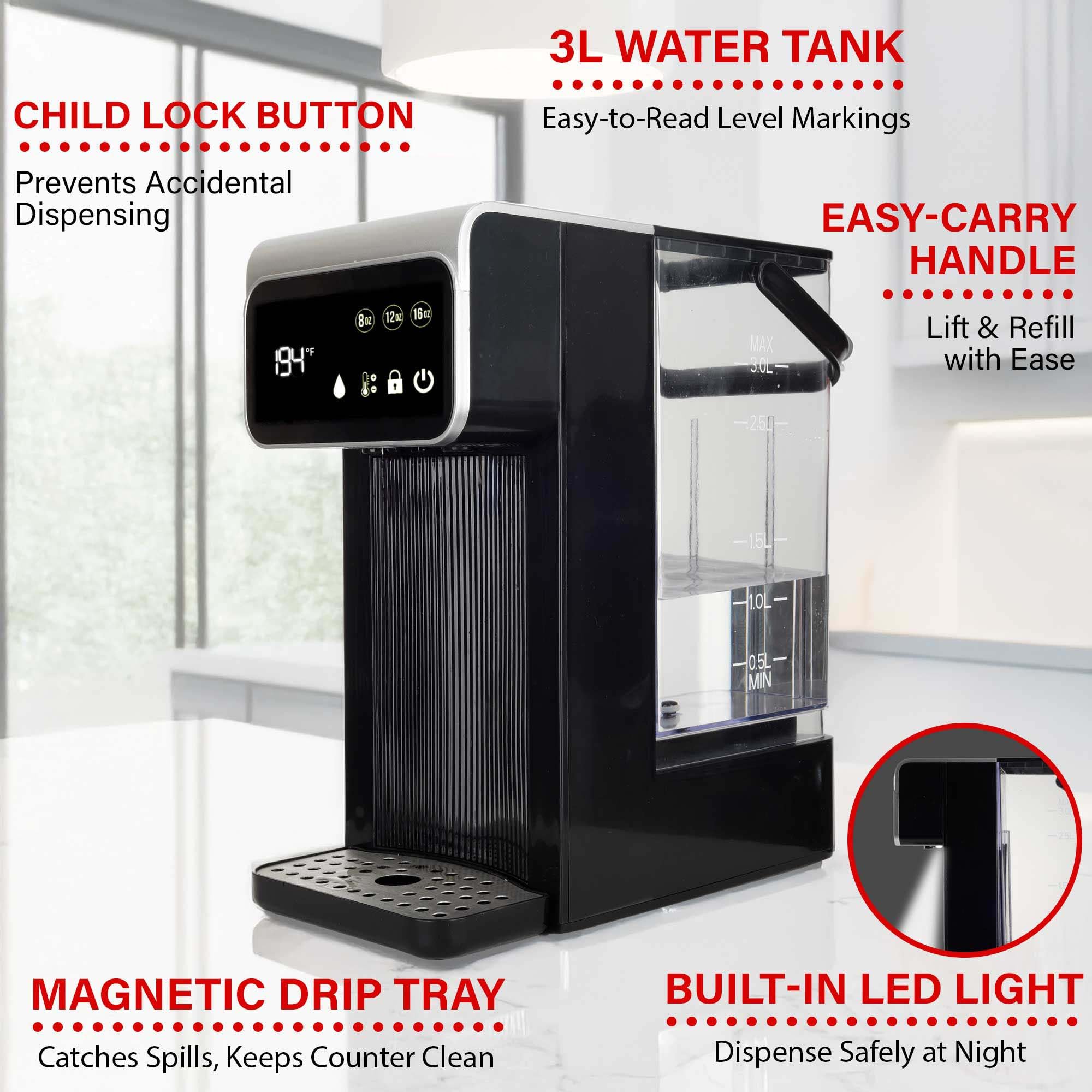 Brentwood KT-2300DBK 3 Liter 1800W Digital Instant Hot Water Dispenser - Black, 7 Temperature Presets with Child Safety Lock