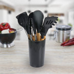 MegaChef 12-Piece Silicone & Wood Cooking Utensil Set – Black, Nonstick-Safe with Countertop Holder