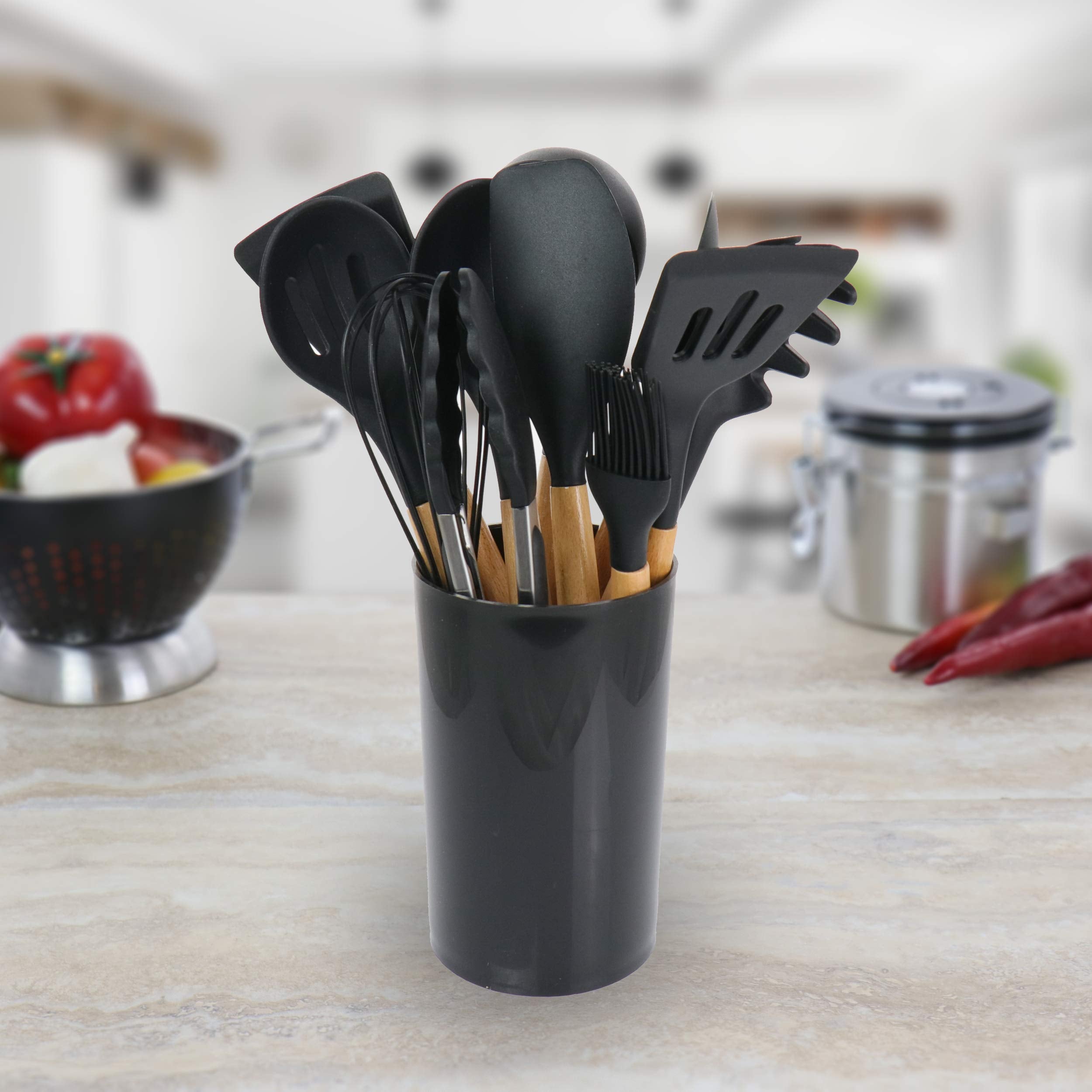 MegaChef 12-Piece Silicone & Wood Cooking Utensil Set – Black, Nonstick-Safe with Countertop Holder