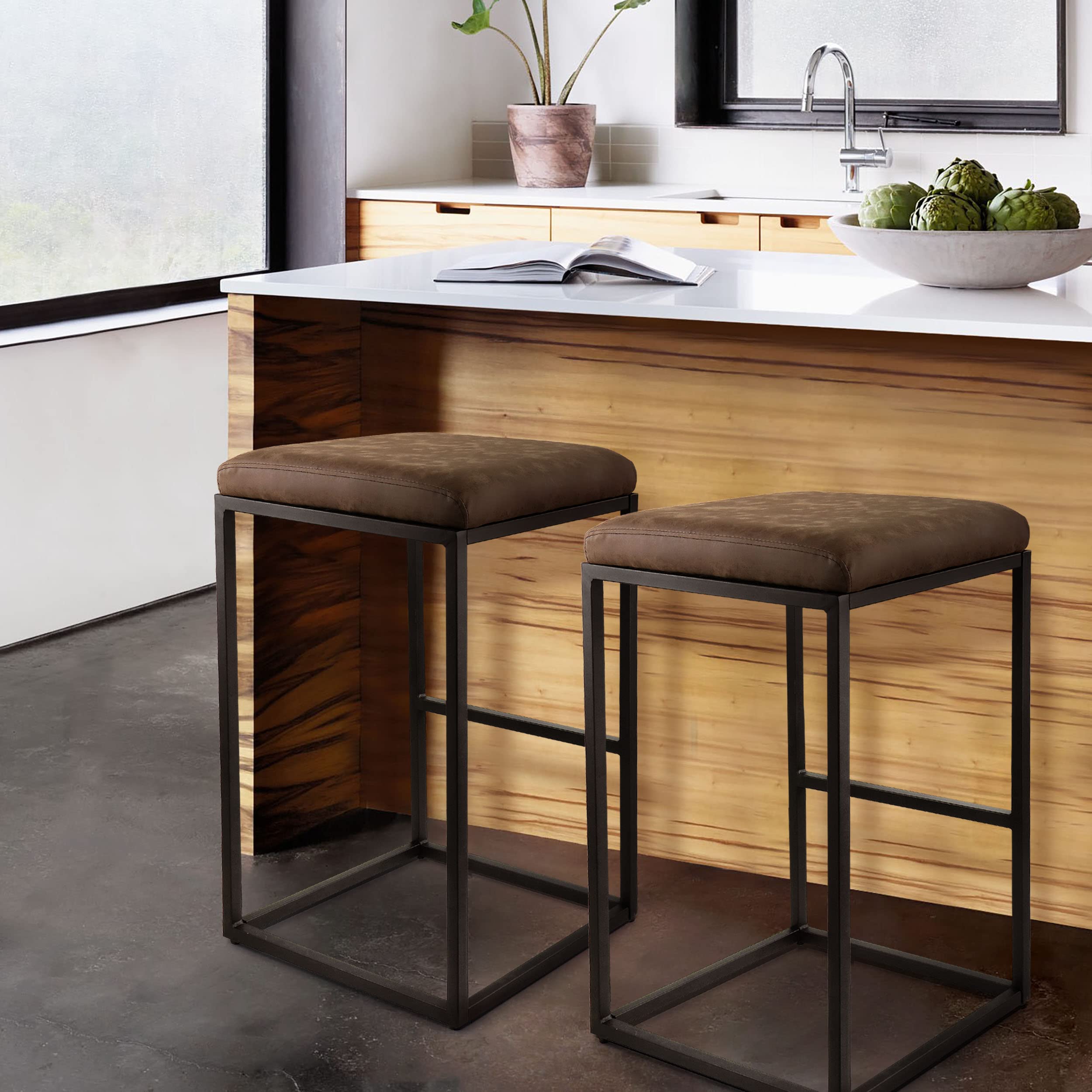 Elama Faux Leather Adjustable Bar Stool Set of 2 – Brown with Black Base (ELM-2102)