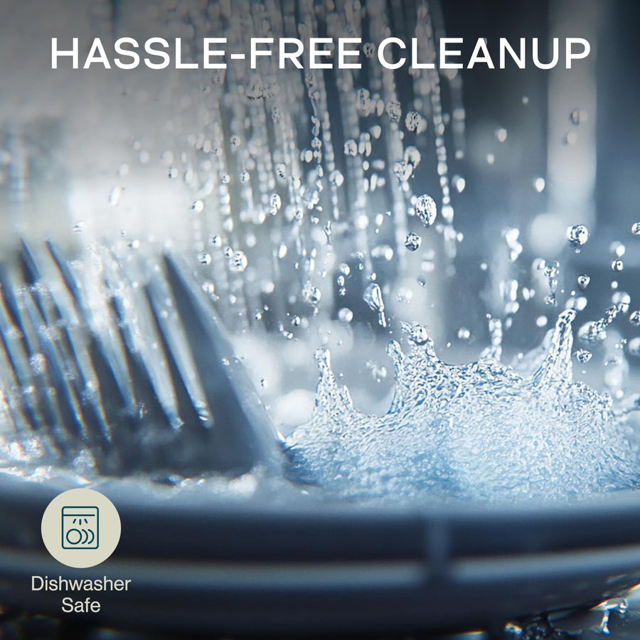 Dishwasher safe stainless steel flatware with blue handles in water spray
