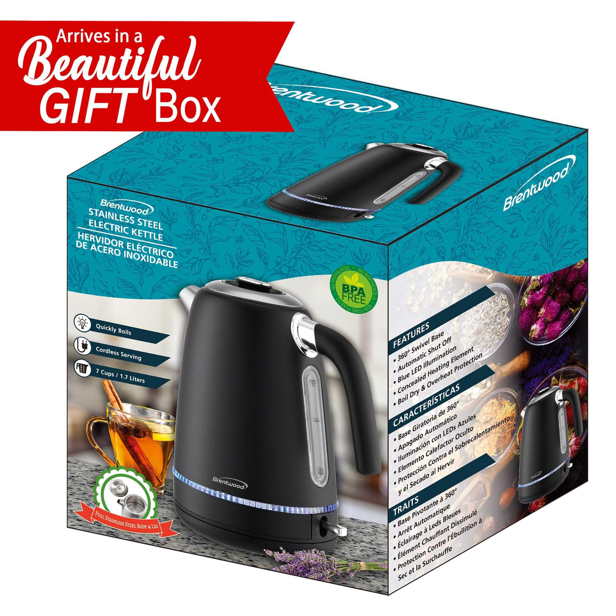 Brentwood KT-1792 1.7L 1500W Cordless Electric Stainless Steel Kettle