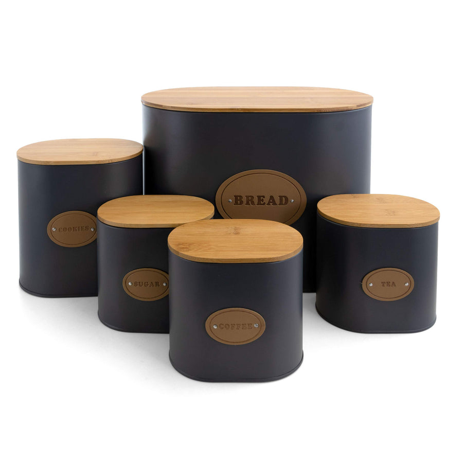 MegaChef 5-piece gray metal canister set with bamboo lids and bread box