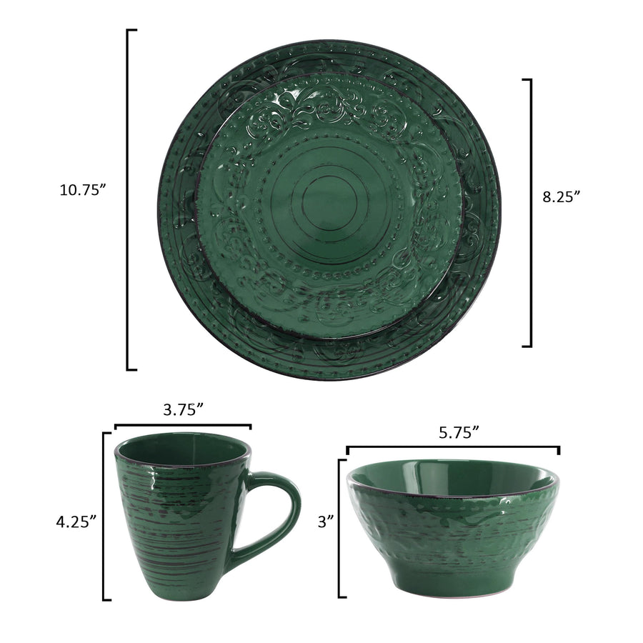 Elama Malibu Sea Glass 16-Piece Stoneware Dinnerware Set, Reactive Glaze Dark Green - Service for 4