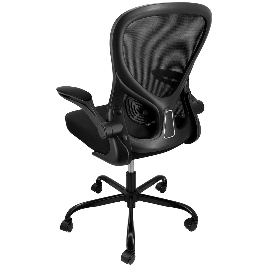 Elama black mid-back mesh office chair, back three-quarter view showing the mesh back, lumbar frame and five-star base