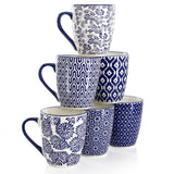 Elama Declan 6-Piece 12 oz Stoneware Coffee Mug Set, Assorted Blue and White Designs
