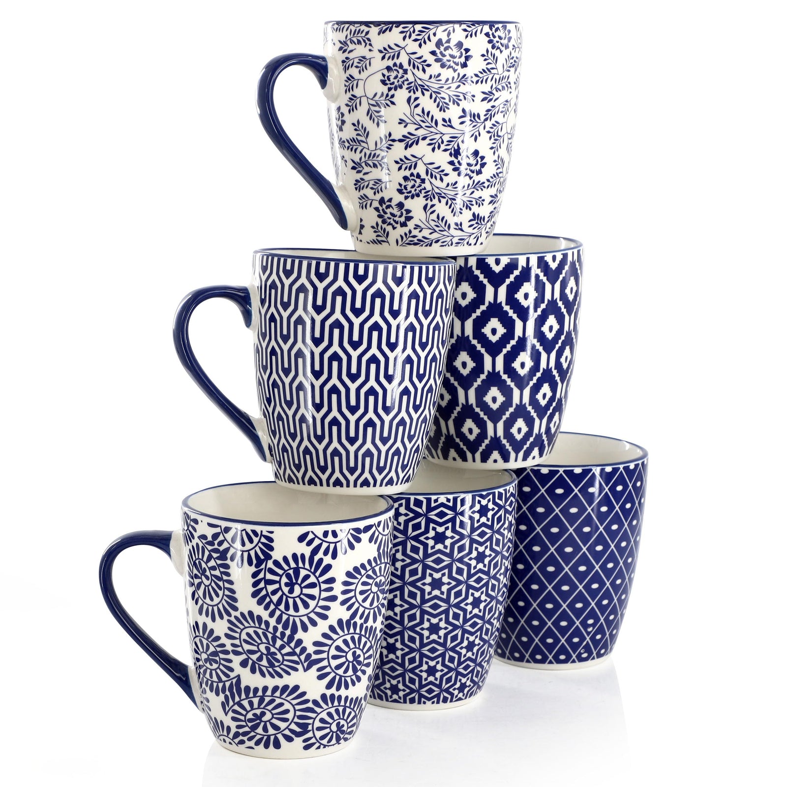 Elama Declan 6-Piece 12 oz Stoneware Coffee Mug Set, Assorted Blue and White Designs