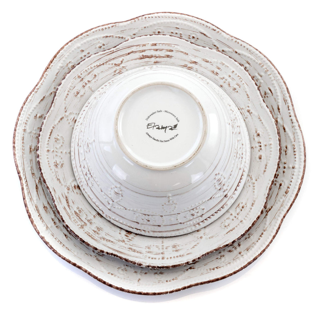 Elama Rustic Birch 16-Piece Embossed Scalloped Stoneware Dinnerware Set – White with Brown Accents Service for 4