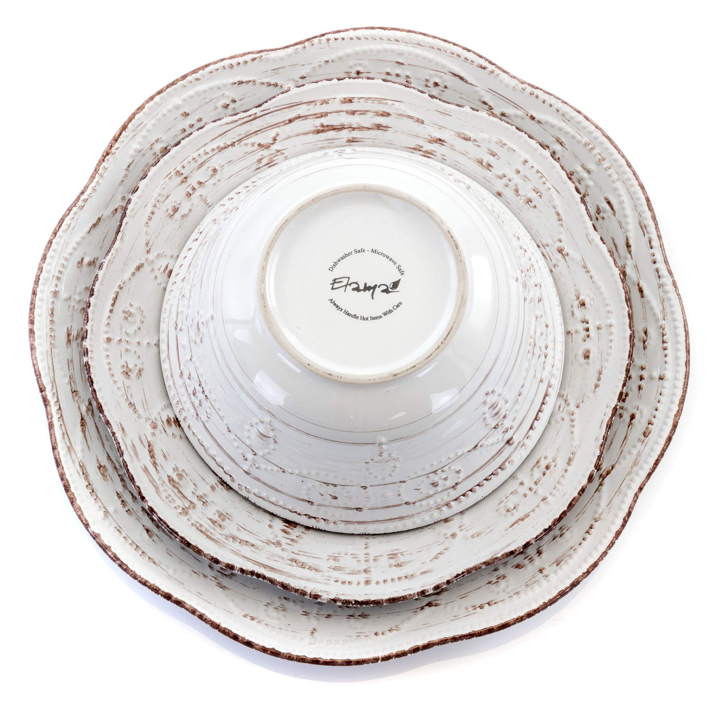 Elama Rustic Birch 16-Piece Embossed Scalloped Stoneware Dinnerware Set – White with Brown Accents Service for 4